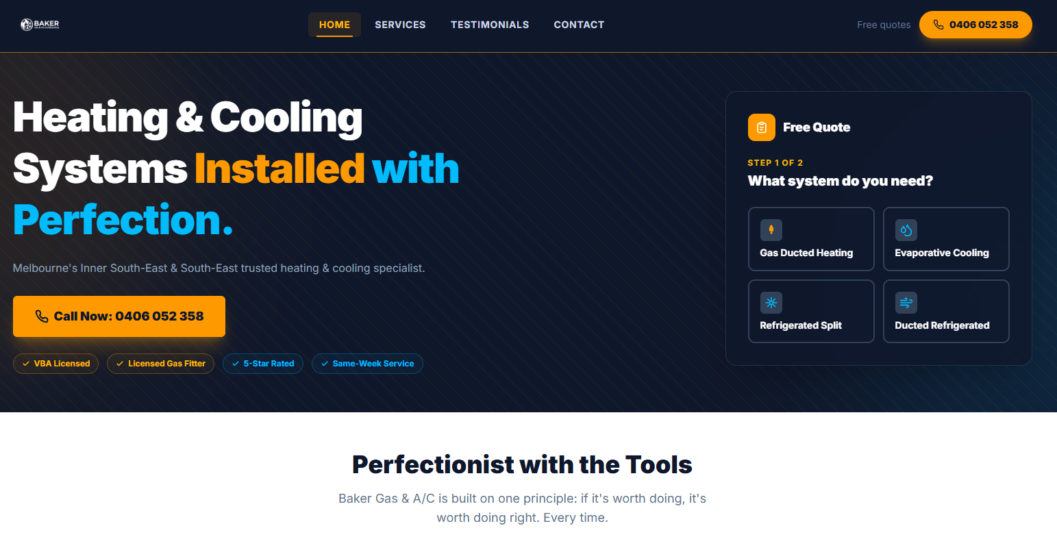 Baker Gas & Air Conditioning website showing heating and cooling services and its free quote form