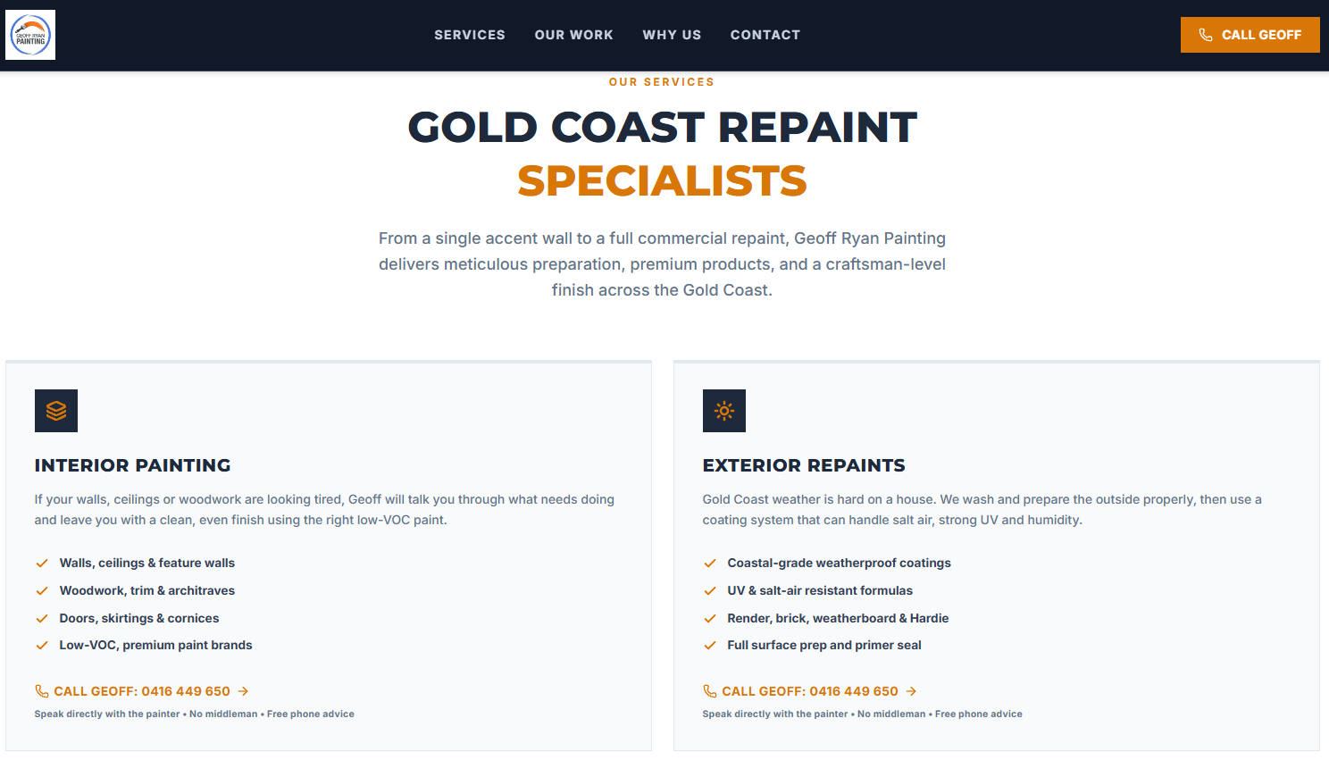 Geoff Ryan Painting website showing interior painting and exterior repaint services