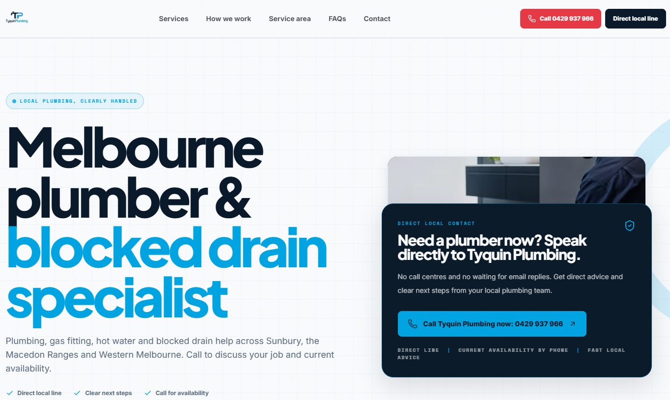 Tyquin Plumbing website showing its local plumbing services and direct contact information