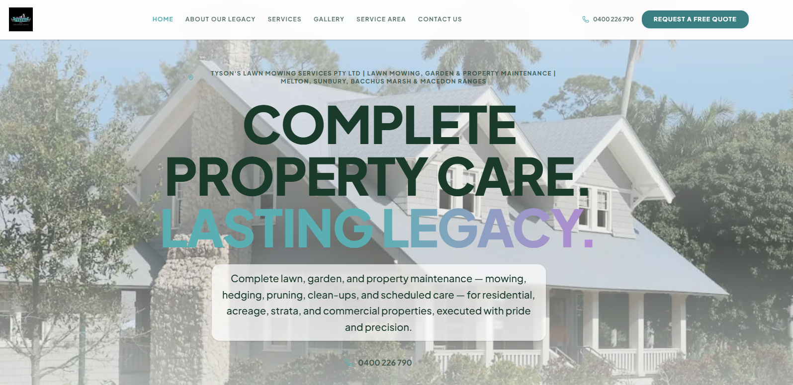 Tyson's Lawn Mowing Services website showing lawn and property maintenance services
